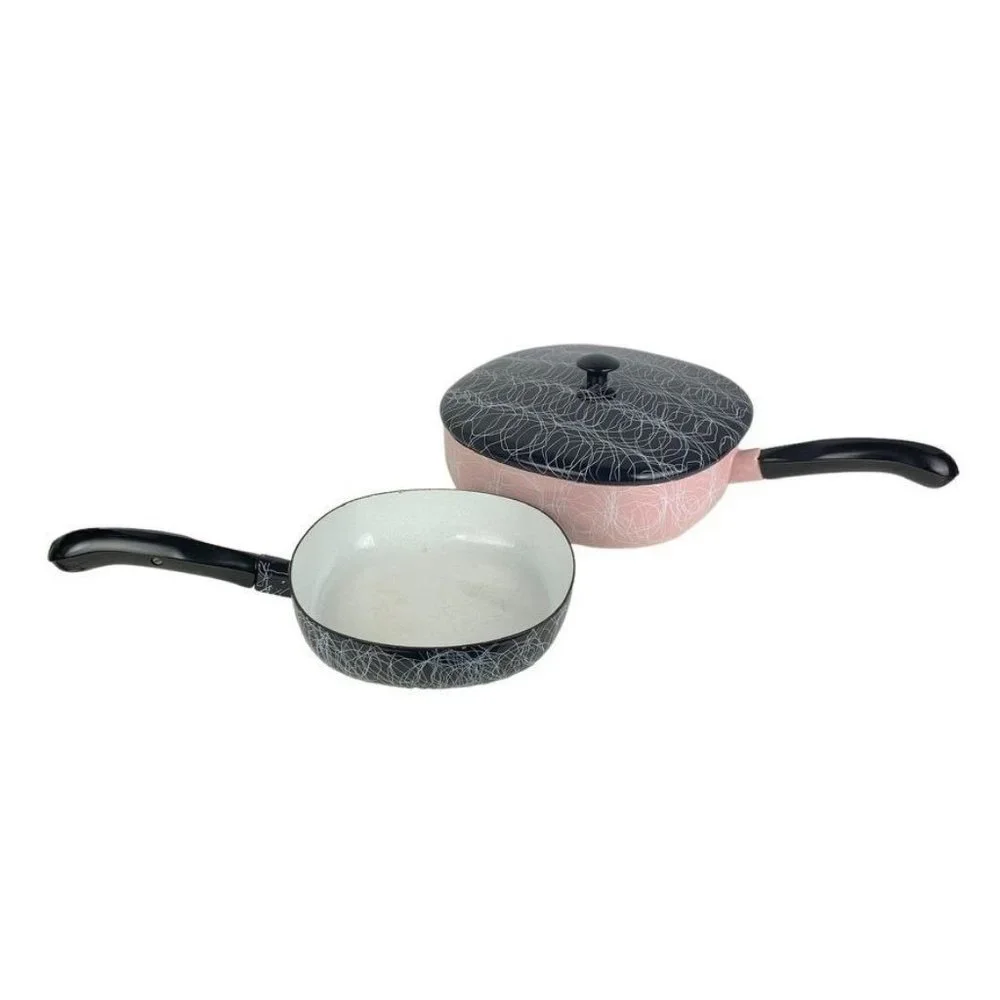 Vintage Serendipity Enamelware Pink Black Spaghetti Fry Pans Lot of 2 Midcentury